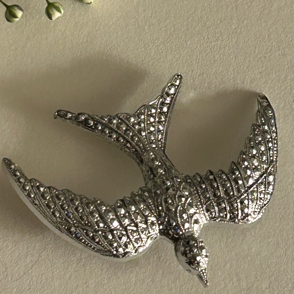 Vintage Brooch Stamped W. Germany Swallow Bird “Marcasite” Silvertone 2” x 1.5”